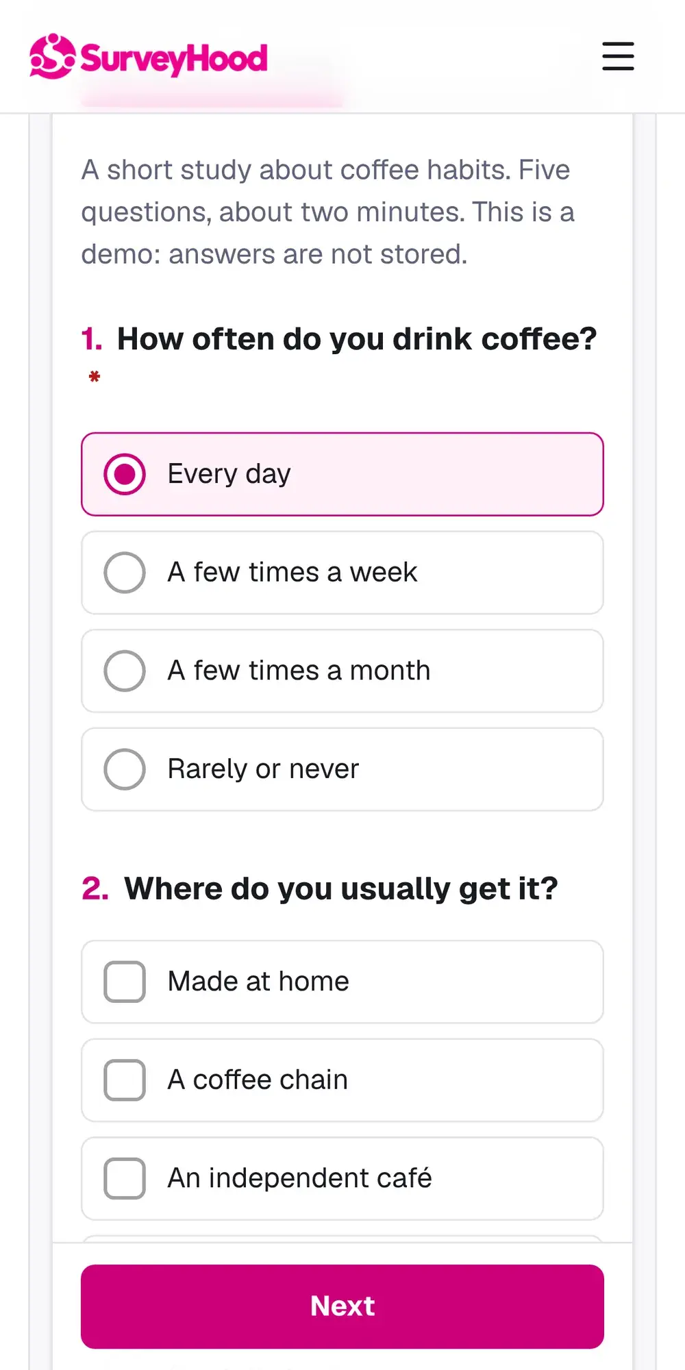 A survey on a phone screen: one question with large answer options and a Next button