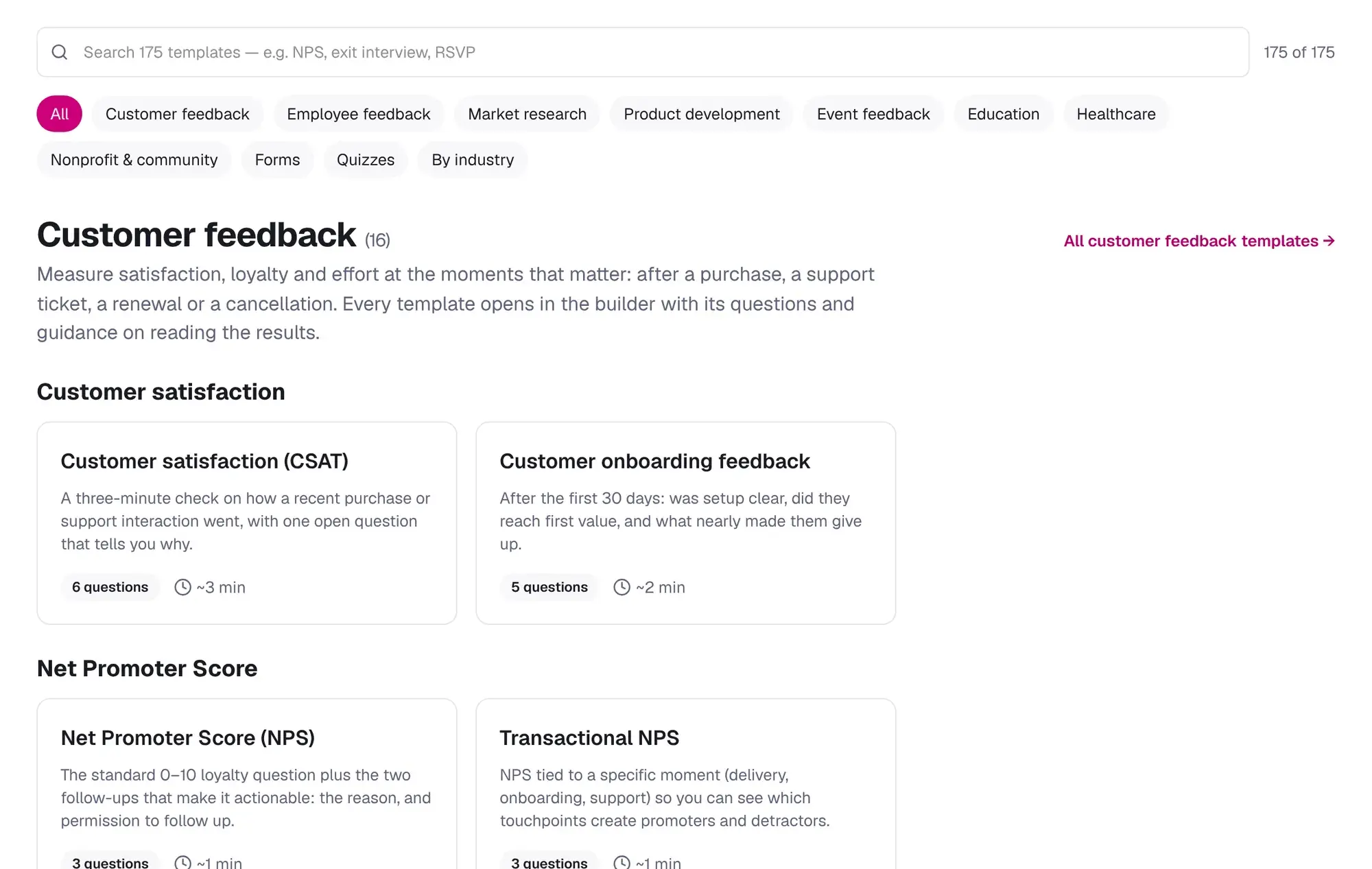 Searchable template gallery with category filters